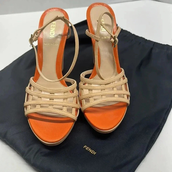 Fendi High Heel Pumps Shoes Ankle Strap Leather Designer Orange Tan Size 37 6.5 - Picture 2 of 14